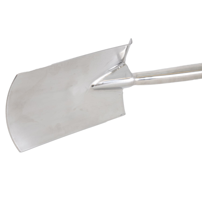 Close-up of a mirror-polished stainless steel digging spade blade with welded attachment to a weatherproof hardwood shaft, ideal for heavy garden soil work in Farm, Garden & Tool collections.
