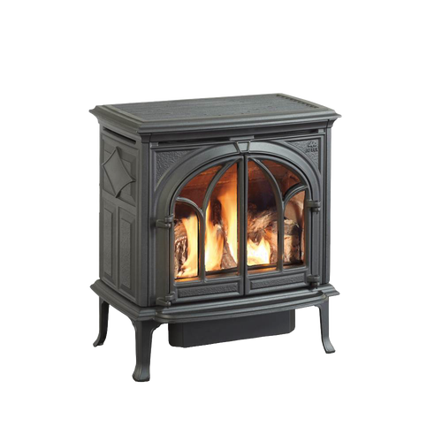 Handcrafted cast iron gas heat stove with detailed arched glass doors and active flame, designed for cozy warmth in Stoves, Heatstoves, Best Sellers, and All Stoves & Appliances collections.