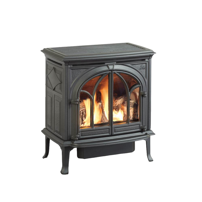 Handcrafted cast iron gas heat stove with detailed arched glass doors and active flame, designed for cozy warmth in Stoves, Heatstoves, Best Sellers, and All Stoves & Appliances collections.