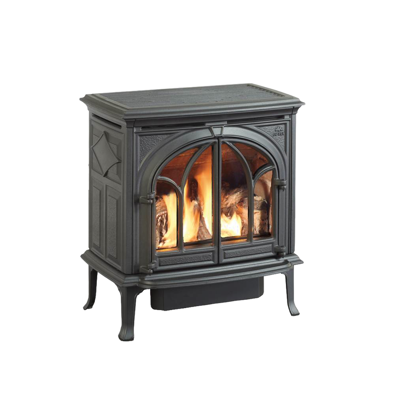 Handcrafted cast iron gas heat stove with detailed arched glass doors and active flame, designed for cozy warmth in Stoves, Heatstoves, Best Sellers, and All Stoves & Appliances collections.