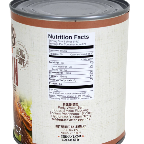 Side view of a canned ready-to-eat bacon product showing nutrition facts and ingredients label, highlighting handcrafted quality and suitability for Kitchen & Food, Camping, Emergency Supplies, and Meats collections.