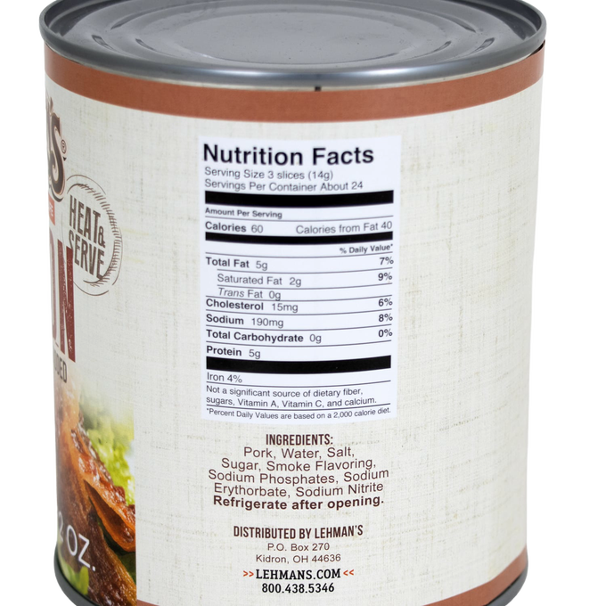 Side view of a canned ready-to-eat bacon product showing nutrition facts and ingredients label, highlighting handcrafted quality and suitability for Kitchen & Food, Camping, Emergency Supplies, and Meats collections.