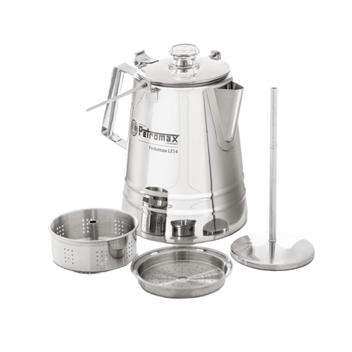 Stainless steel coffee percolator with detachable filter basket, press plate, and lid, designed for gentle brewing, ideal for Camping, Kitchen & Food, Brewing Coffee and Tea, Best Sellers, and Promo Eligible collections.
