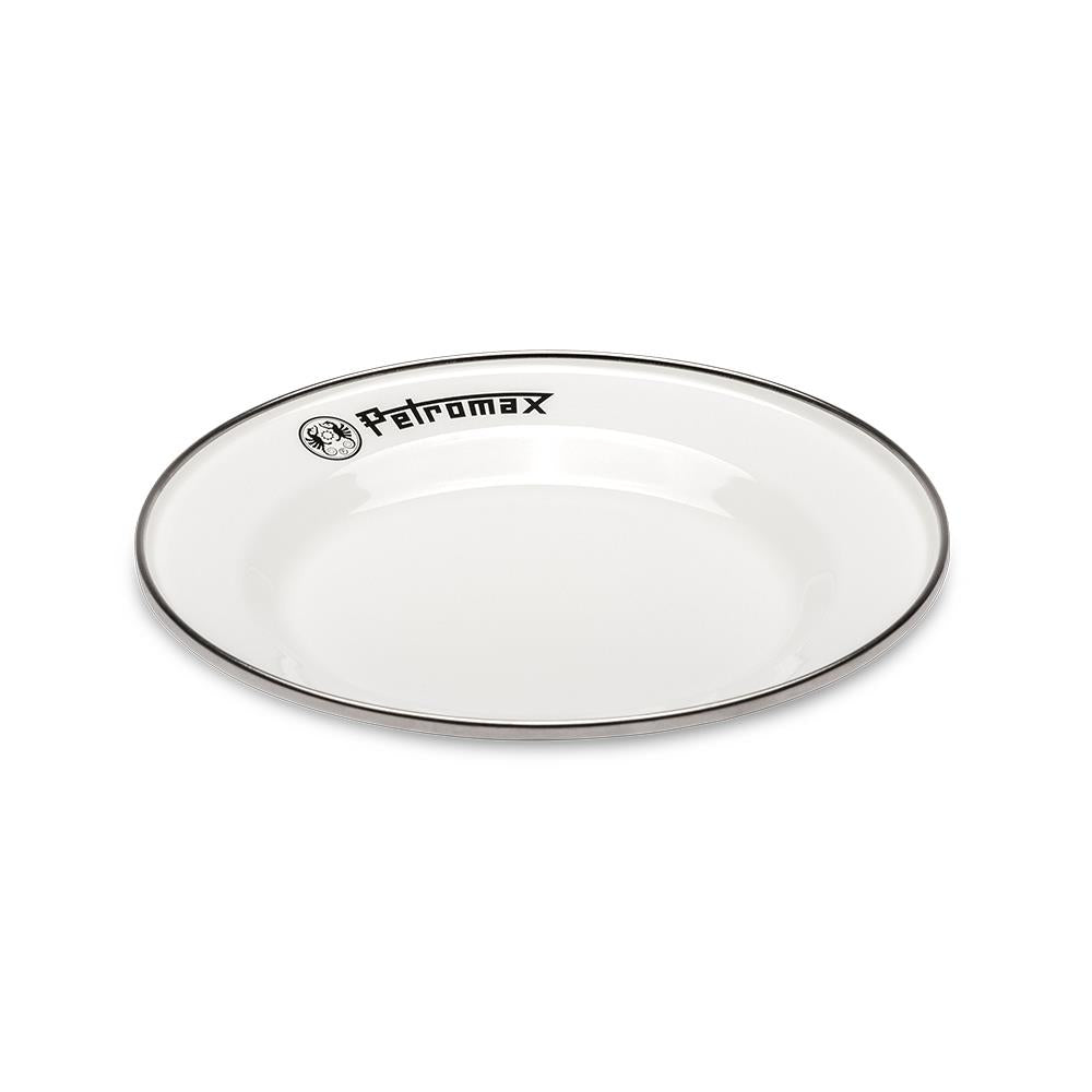 Single white enamel plate with a dark rim and Petromax logo, sturdy and lightweight for camping, suitable for Farm, Garden & Tool, Kitchen & Food, Camping, Dinnerware, Best Sellers, and Promo Eligible collections.