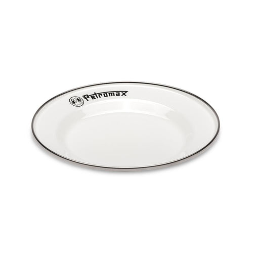 Single white enamel plate with a dark rim and Petromax logo, sturdy and lightweight for camping, suitable for Farm, Garden & Tool, Kitchen & Food, Camping, Dinnerware, Best Sellers, and Promo Eligible collections.