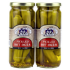 Two glass jars of handcrafted pickled hot okra with metal lids, made in USA, ideal for Kitchen & Food, Food, Pantry, Best Sellers, and Promo Eligible collections.
