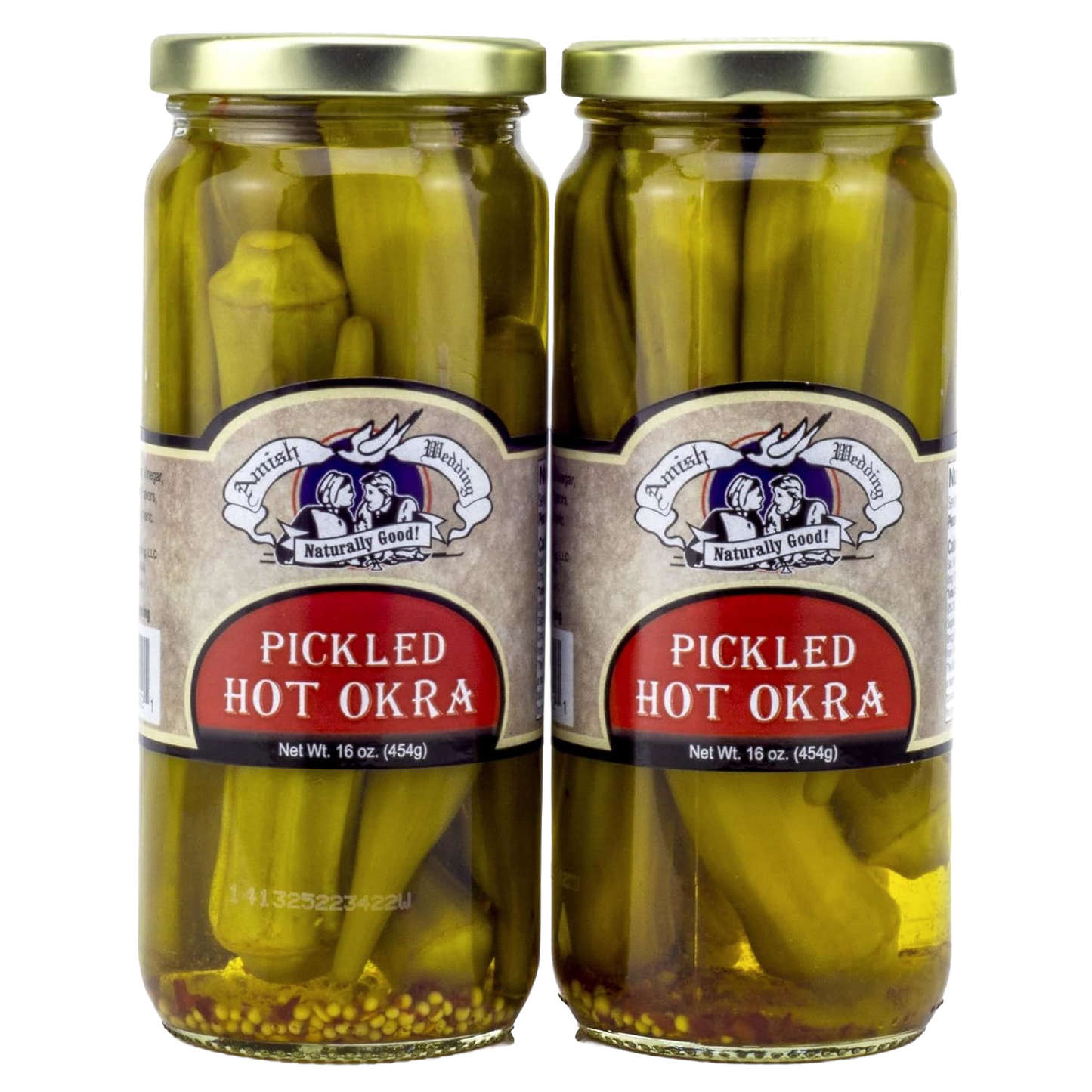 Two glass jars of handcrafted pickled hot okra with metal lids, made in USA, ideal for Kitchen & Food, Food, Pantry, Best Sellers, and Promo Eligible collections.