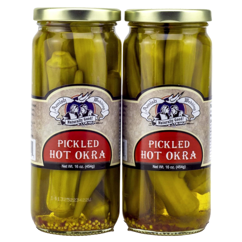 Two glass jars of handcrafted pickled hot okra with metal lids, made in USA, ideal for Kitchen & Food, Food, Pantry, Best Sellers, and Promo Eligible collections.