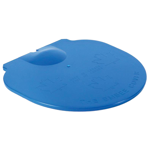Blue plastic lid with raised handle and embossed maple leaf designs, crafted to shield sap buckets from weather and debris, ideal for farm, orchard, and maple syrup use.