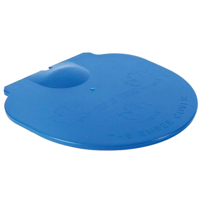 Blue plastic lid with raised handle and embossed maple leaf designs, crafted to shield sap buckets from weather and debris, ideal for farm, orchard, and maple syrup use.