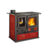Cast iron and enameled steel wood cook stove with ornate red majolica panels, visible flame through glass door, designed for efficient heat and cooking, featured in Best Sellers and Stoves collections.