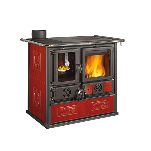 Cast iron and enameled steel wood cook stove with ornate red majolica panels, visible flame through glass door, designed for efficient heat and cooking, featured in Best Sellers and Stoves collections.