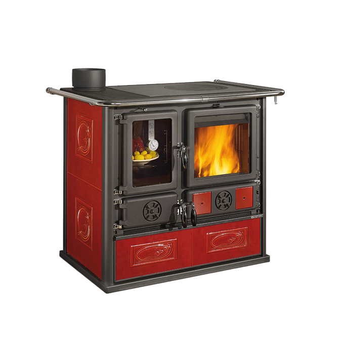 Cast iron and enameled steel wood cook stove with ornate red majolica panels, visible flame through glass door, designed for efficient heat and cooking, featured in Best Sellers and Stoves collections.