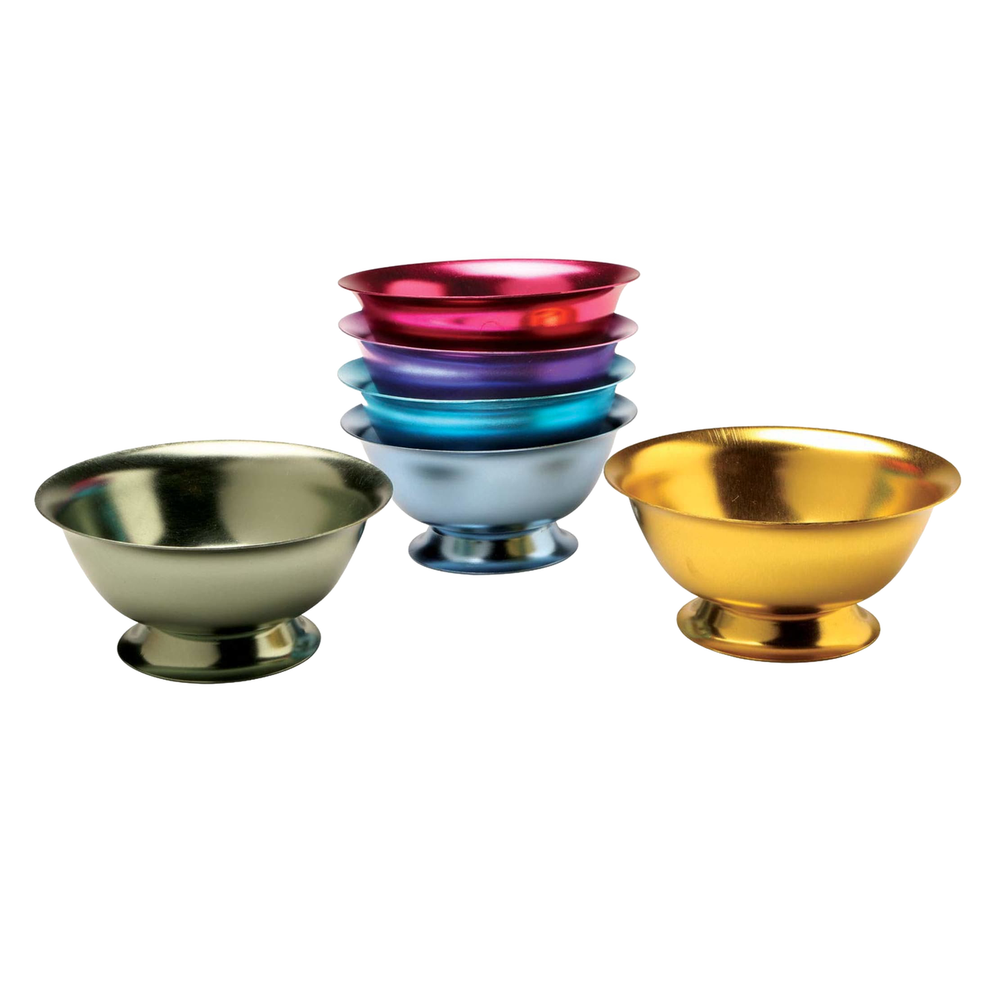 Stack of six vibrant aluminum ice cream bowls in blue, bright blue, green, gold, pink, and purple, handcrafted and ideal for Kitchen & Food and Dinnerware collections.