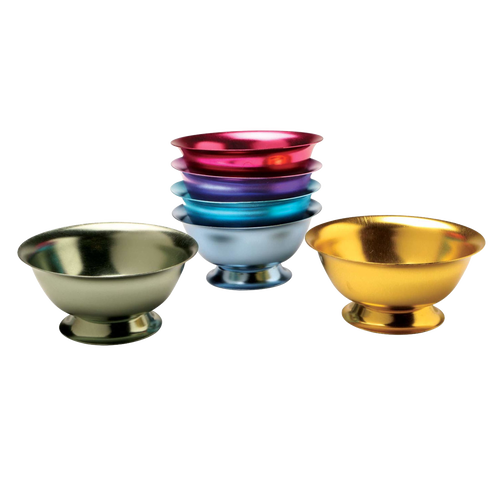 Stack of six vibrant aluminum ice cream bowls in blue, bright blue, green, gold, pink, and purple, handcrafted and ideal for Kitchen & Food and Dinnerware collections.
