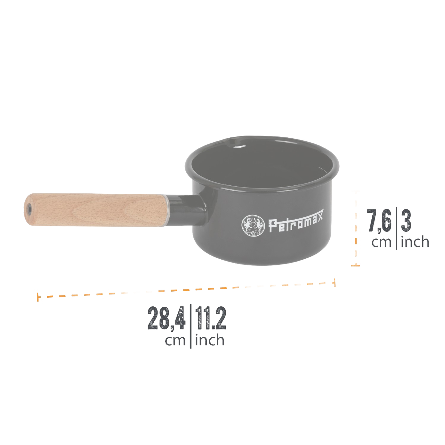 Gray enamel pan with a smooth wooden handle and Petromax logo, featuring a durable design perfect for camping, kitchen use, and outdoor cooking in Farm, Garden & Tool, Cookware, and Best Sellers collections.