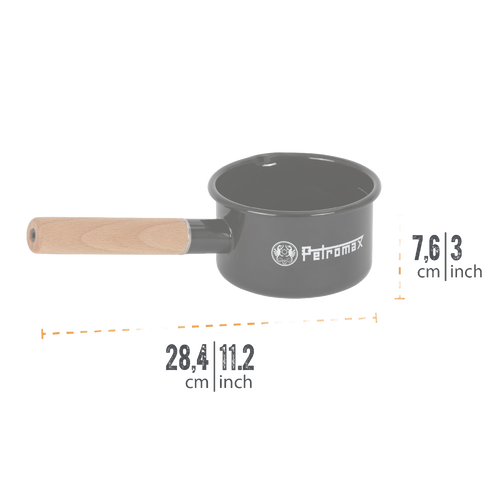 Gray enamel pan with a smooth wooden handle and Petromax logo, featuring a durable design perfect for camping, kitchen use, and outdoor cooking in Farm, Garden & Tool, Cookware, and Best Sellers collections.