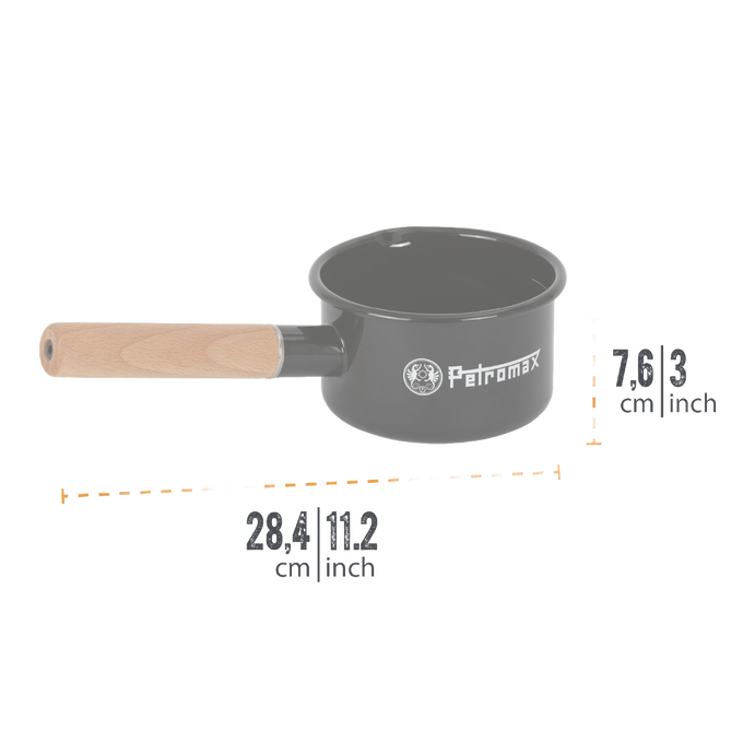 Gray enamel pan with a smooth wooden handle and Petromax logo, featuring a durable design perfect for camping, kitchen use, and outdoor cooking in Farm, Garden & Tool, Cookware, and Best Sellers collections.