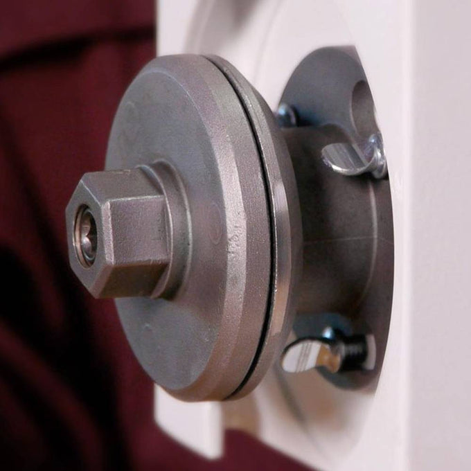 Close-up of a sturdy metal nut butter accessory part for a grain mill, showcasing a durable, precision-machined fitting designed for easy attachment in kitchen and food, grain mills, USA made collections.