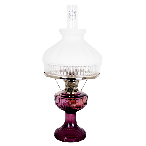 Handcrafted oil lamp with an amethyst glass base and clear top shade, featuring a bright, long-lasting flame, ideal for Farm, Garden & Tool, Lamps & Lighting, Oil Lamps, and Emergency Supplies collections.