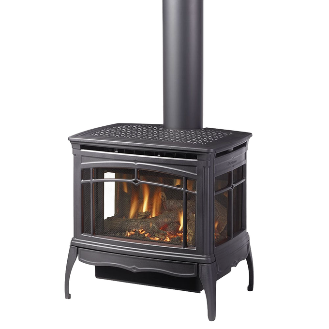Large cast iron freestanding gas stove with three-sided glass panels showcasing flickering flames, designed for efficient heating in stoves, heatstoves, and best sellers collections.