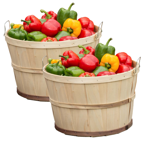 Two handcrafted poplar wood bushel baskets filled with red, green, and yellow bell peppers, made in USA with metal wire support, perfect for Farm, Garden & Tool, Garden Accessories, USA Made, Best Sellers, and Promo Eligible collections.