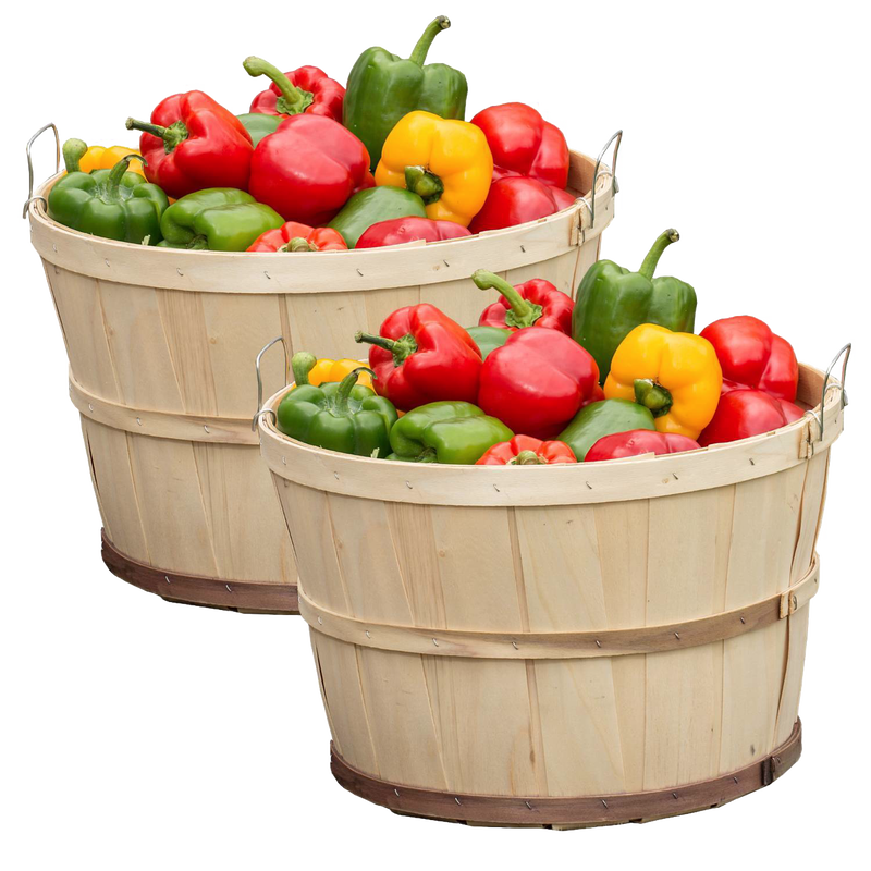 Two handcrafted poplar wood bushel baskets filled with red, green, and yellow bell peppers, made in USA with metal wire support, perfect for Farm, Garden & Tool, Garden Accessories, USA Made, Best Sellers, and Promo Eligible collections.