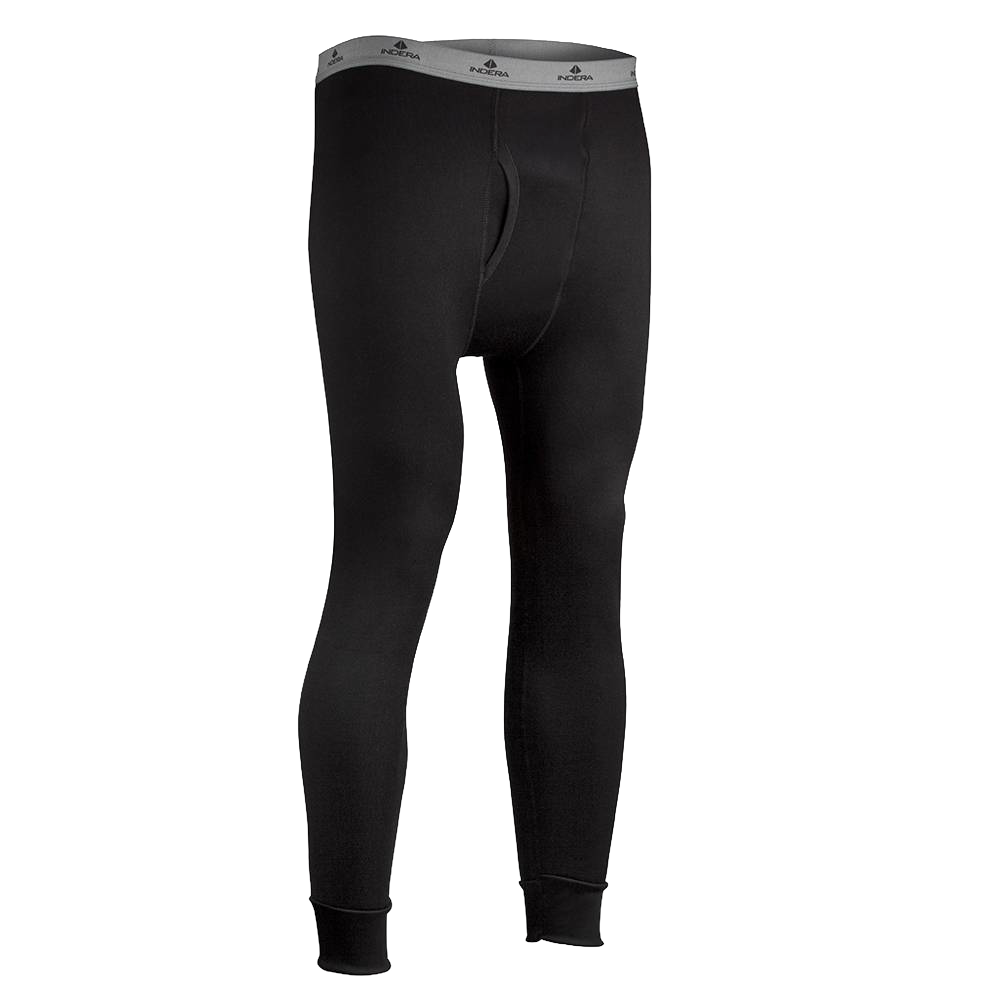 Black fleece long johns pants with fleeced polyester lining, ribbed cuffs, and gray elastic waistband, designed for warmth and moisture-wicking, featured in Health & Wellness and Best Sellers collections.