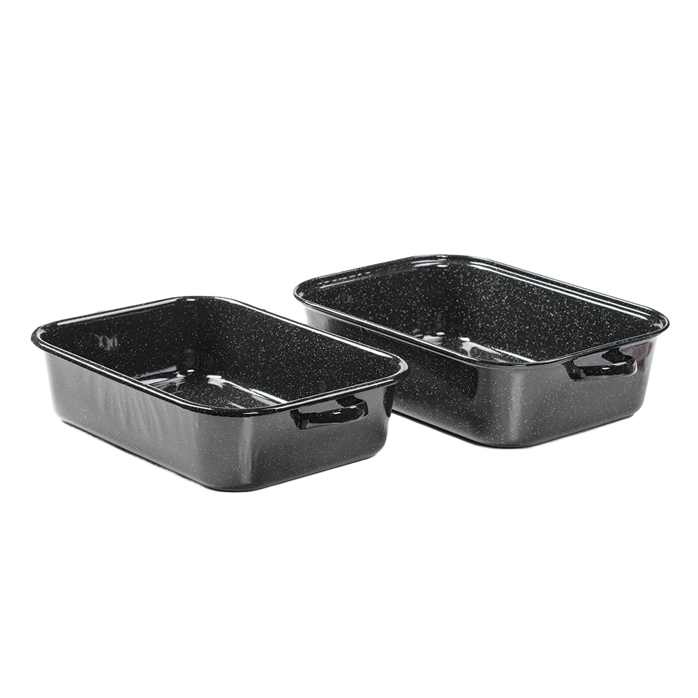 Two dark porcelain-on-steel enamel roasting pans with sturdy handles, designed for large-batch cooking, featured in Kitchen & Food, Cookware, Pots and Pans, and Best Sellers collections.