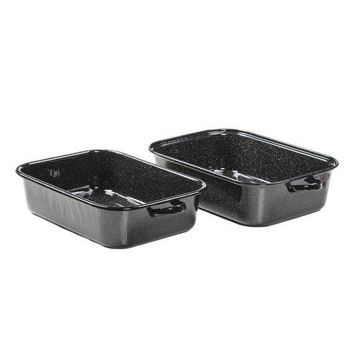 Two dark porcelain-on-steel enamel roasting pans with sturdy handles, designed for large-batch cooking, featured in Kitchen & Food, Cookware, Pots and Pans, and Best Sellers collections.