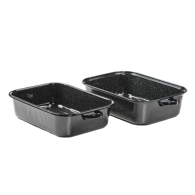 Two dark porcelain-on-steel enamel roasting pans with sturdy handles, designed for large-batch cooking, featured in Kitchen & Food, Cookware, Pots and Pans, and Best Sellers collections.