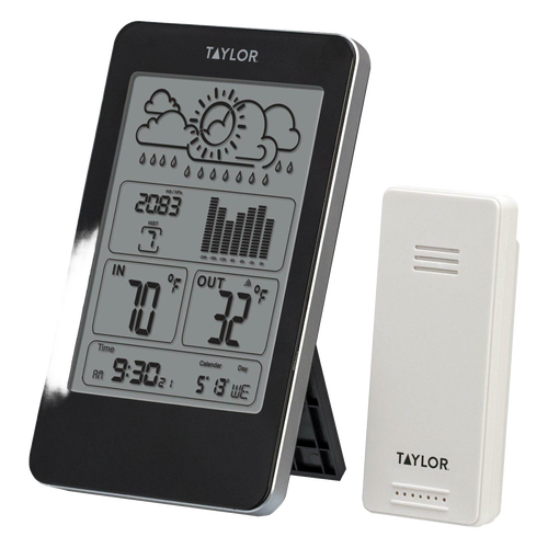 Sleek indoor/outdoor digital thermometer and barometer with a weather forecast display, wireless sensor, calendar, and alarm, ideal for Home & Decor and Household Helpers collections.