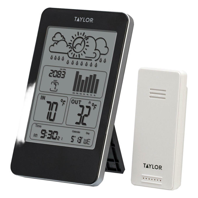 Sleek indoor/outdoor digital thermometer and barometer with a weather forecast display, wireless sensor, calendar, and alarm, ideal for Home & Decor and Household Helpers collections.