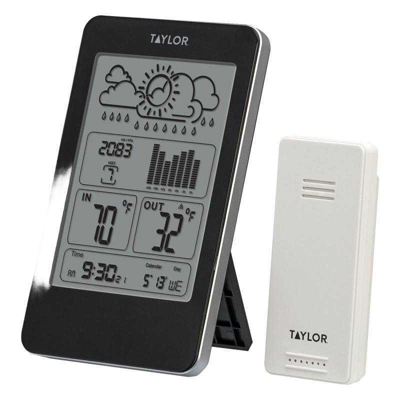 Sleek indoor/outdoor digital thermometer and barometer with a weather forecast display, wireless sensor, calendar, and alarm, ideal for Home & Decor and Household Helpers collections.