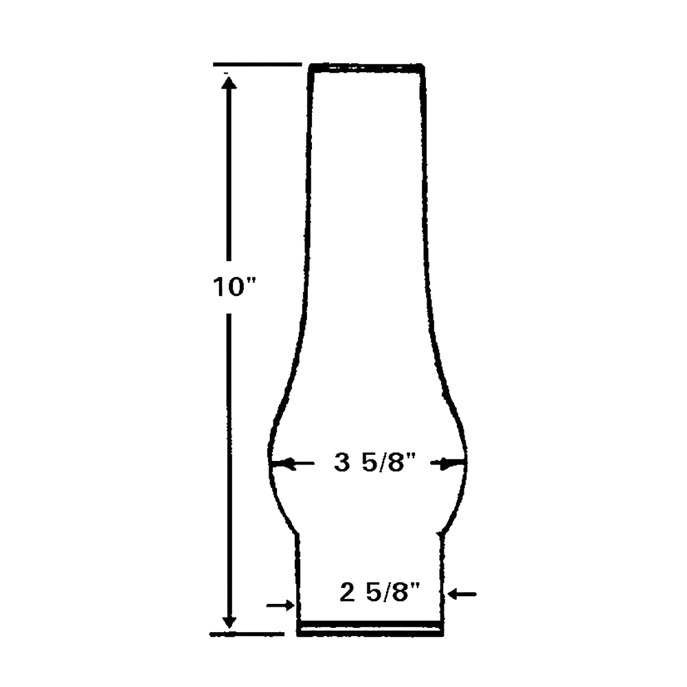 Clear glass oil lamp chimney with a bulged center, measuring 10 inches tall and fitting a 2-5/8 inch base, suitable for lamps and lighting accessories collections.