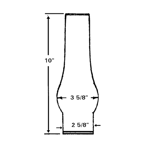 Clear glass oil lamp chimney with a bulged center, measuring 10 inches tall and fitting a 2-5/8 inch base, suitable for lamps and lighting accessories collections.