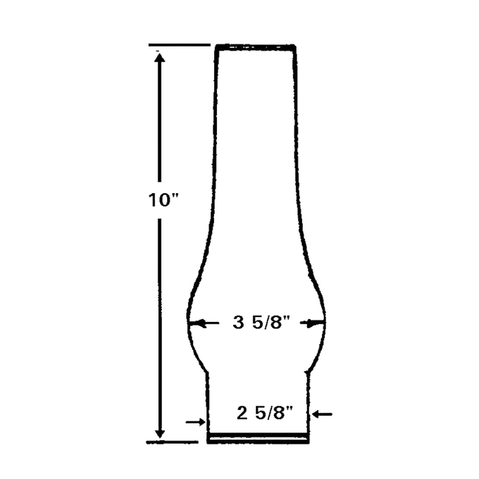 Clear glass oil lamp chimney with a bulged center, measuring 10 inches tall and fitting a 2-5/8 inch base, suitable for lamps and lighting accessories collections.