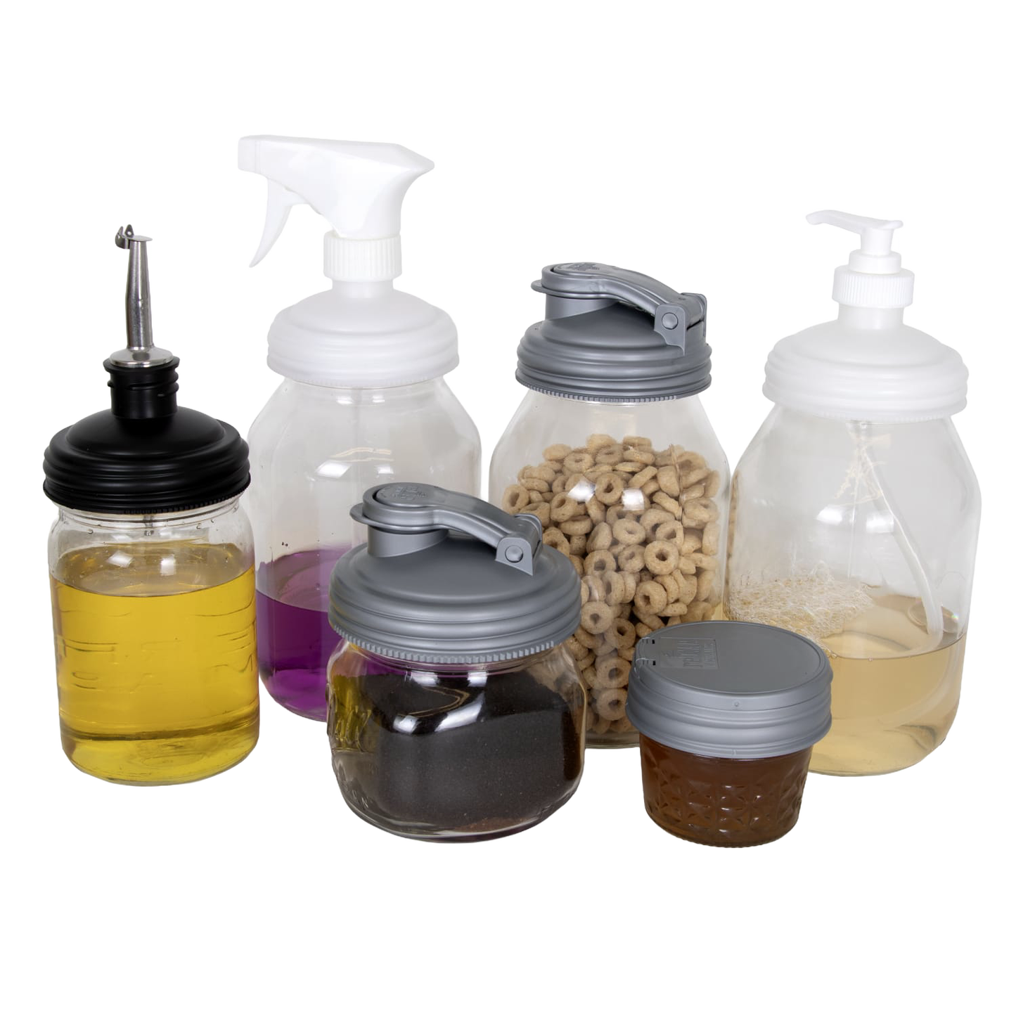Set of seven reusable Mason jar lids in black and gray styles including pour spout, pump dispenser, spray top, and screw cap, eco-friendly and handcrafted for Home & Decor and Household Helpers in USA Made and Best Sellers collections.