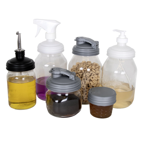 Set of seven reusable Mason jar lids in black and gray styles including pour spout, pump dispenser, spray top, and screw cap, eco-friendly and handcrafted for Home & Decor and Household Helpers in USA Made and Best Sellers collections.