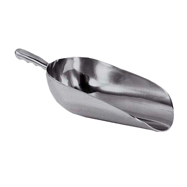 Heavy-duty cast aluminum grain scoop with a smooth mirror finish and contoured grip, crafted for farm, garden, and bulk grain use, featured in Farm Tools, Best Sellers, and Promo Eligible collections.