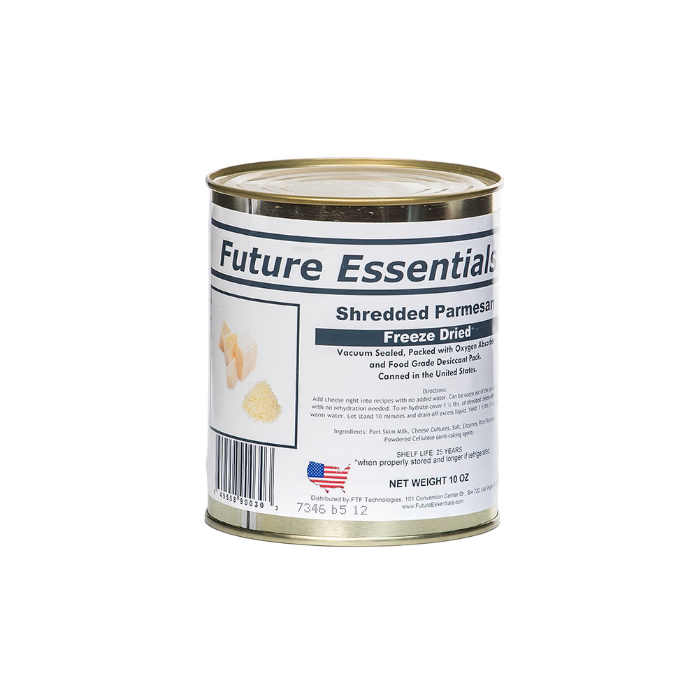 Handcrafted freeze-dried shredded parmesan cheese in a sealed can, made in USA, ideal for long-term storage and use in Kitchen & Food, Freeze Dried, and USA Made collections.
