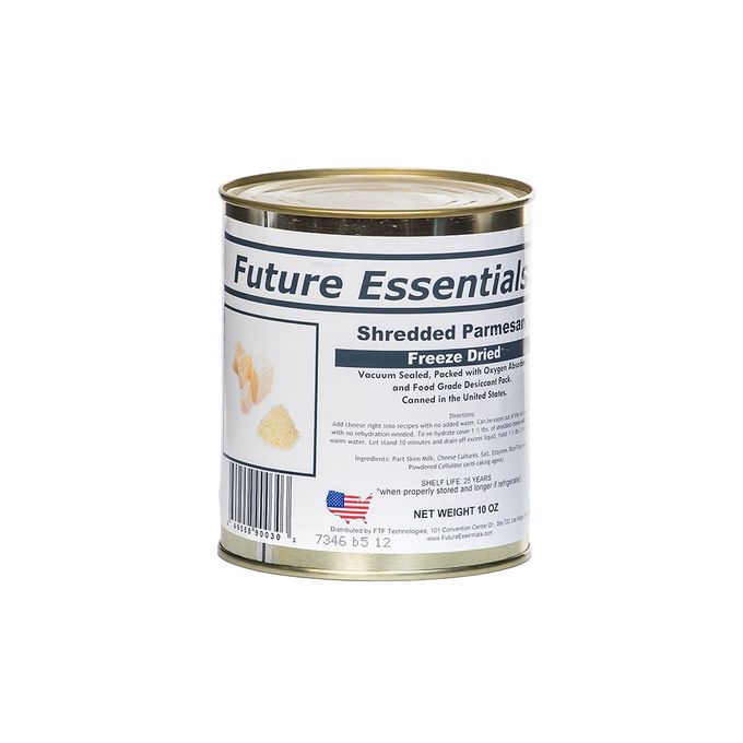 Handcrafted freeze-dried shredded parmesan cheese in a sealed can, made in USA, ideal for long-term storage and use in Kitchen & Food, Freeze Dried, and USA Made collections.