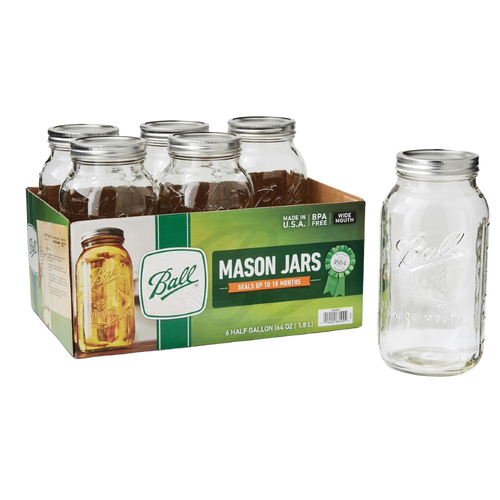 Set of six clear half-gallon wide-mouth glass canning jars with metal lids and bands, made in USA, ideal for kitchen food preservation, canning, and crafts in Best Sellers collection.