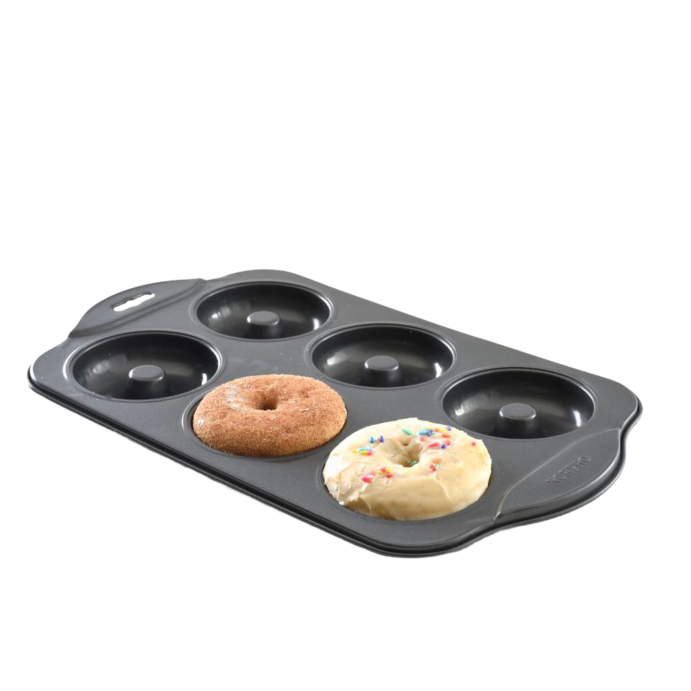 Durable nonstick donut pan with six cavities for evenly sized 3-1/2 inch donuts, ideal for healthier baking, featured in Kitchen & Food, Cookware, Baking Supplies, Kitchen Gadgets collections.
