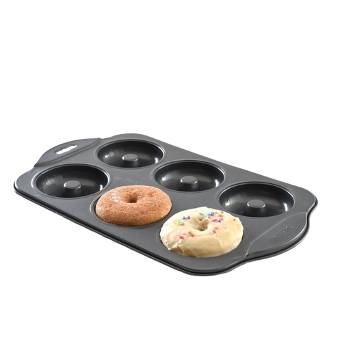 Durable nonstick donut pan with six cavities for evenly sized 3-1/2 inch donuts, ideal for healthier baking, featured in Kitchen & Food, Cookware, Baking Supplies, Kitchen Gadgets collections.