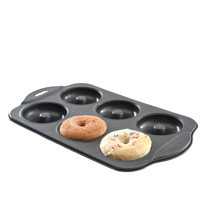 Durable nonstick donut pan with six cavities for evenly sized 3-1/2 inch donuts, ideal for healthier baking, featured in Kitchen & Food, Cookware, Baking Supplies, Kitchen Gadgets collections.