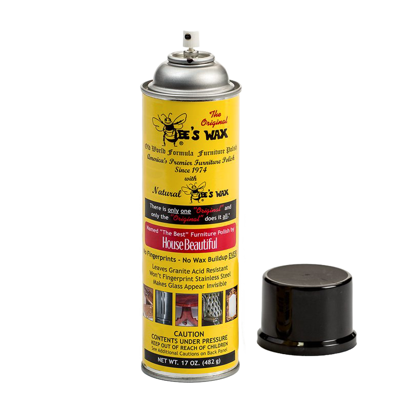 Yellow can of Bee's Wax polish with black cap removed, featuring text highlighting no wax buildup, fingerprint resistance, granite protection, and USA-made quality, suited for Home & Decor and Household Cleaning collections.