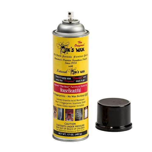 Yellow can of Bee's Wax polish with black cap removed, featuring text highlighting no wax buildup, fingerprint resistance, granite protection, and USA-made quality, suited for Home & Decor and Household Cleaning collections.