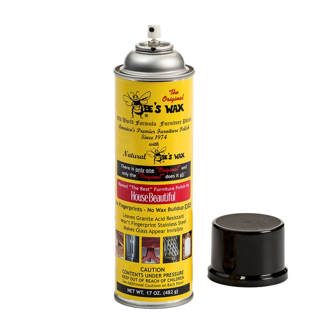 Yellow can of Bee's Wax polish with black cap removed, featuring text highlighting no wax buildup, fingerprint resistance, granite protection, and USA-made quality, suited for Home & Decor and Household Cleaning collections.