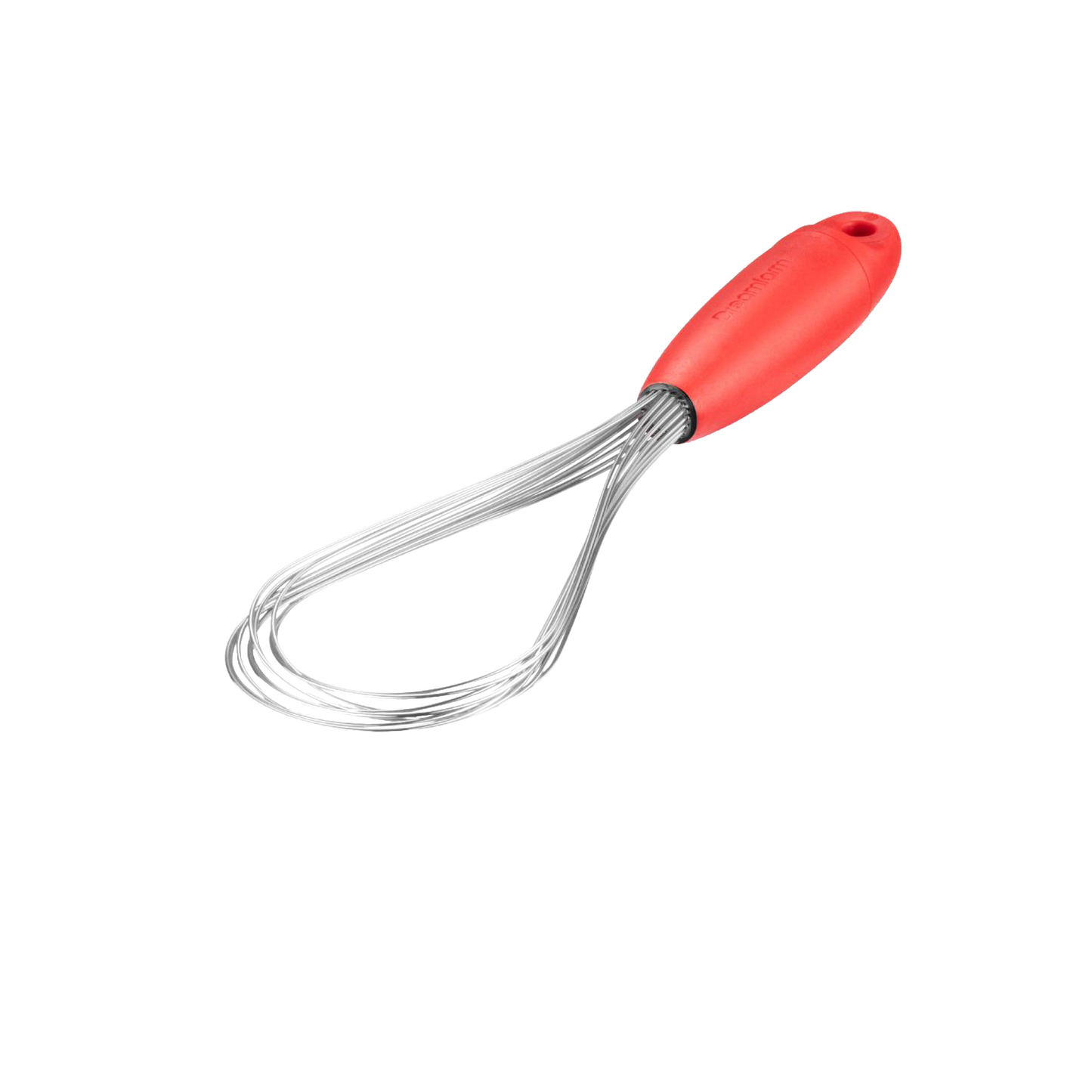 Red-handled multi-use whisk with stainless steel wires bent into a flat shape, designed as a space-saving kitchen gadget for Kitchen & Food, Kitchen Gadgets, Cooking and Baking Helpers, Best Sellers, Promo Eligible collections.